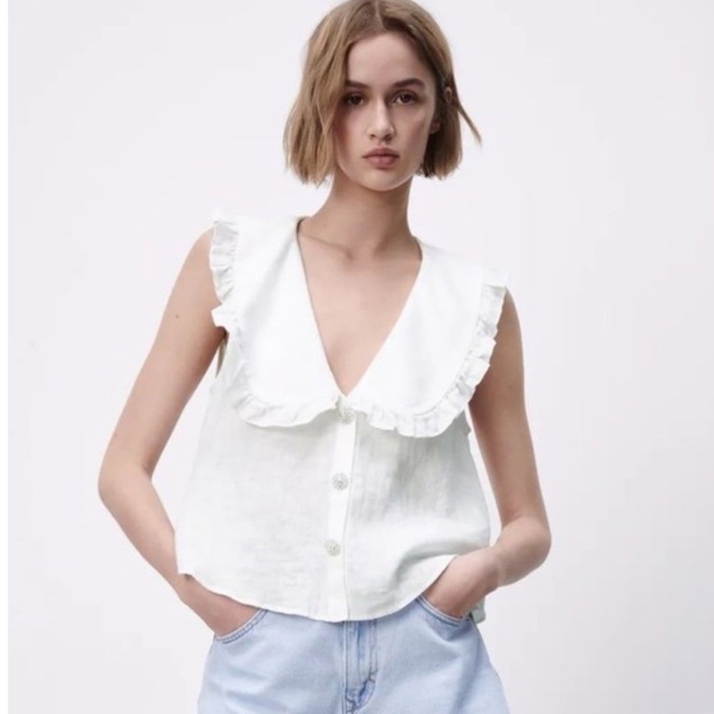 Zara Women Top Linen Rhinestone Button Ruffle Peter Pan Collar NWT  romantic S
